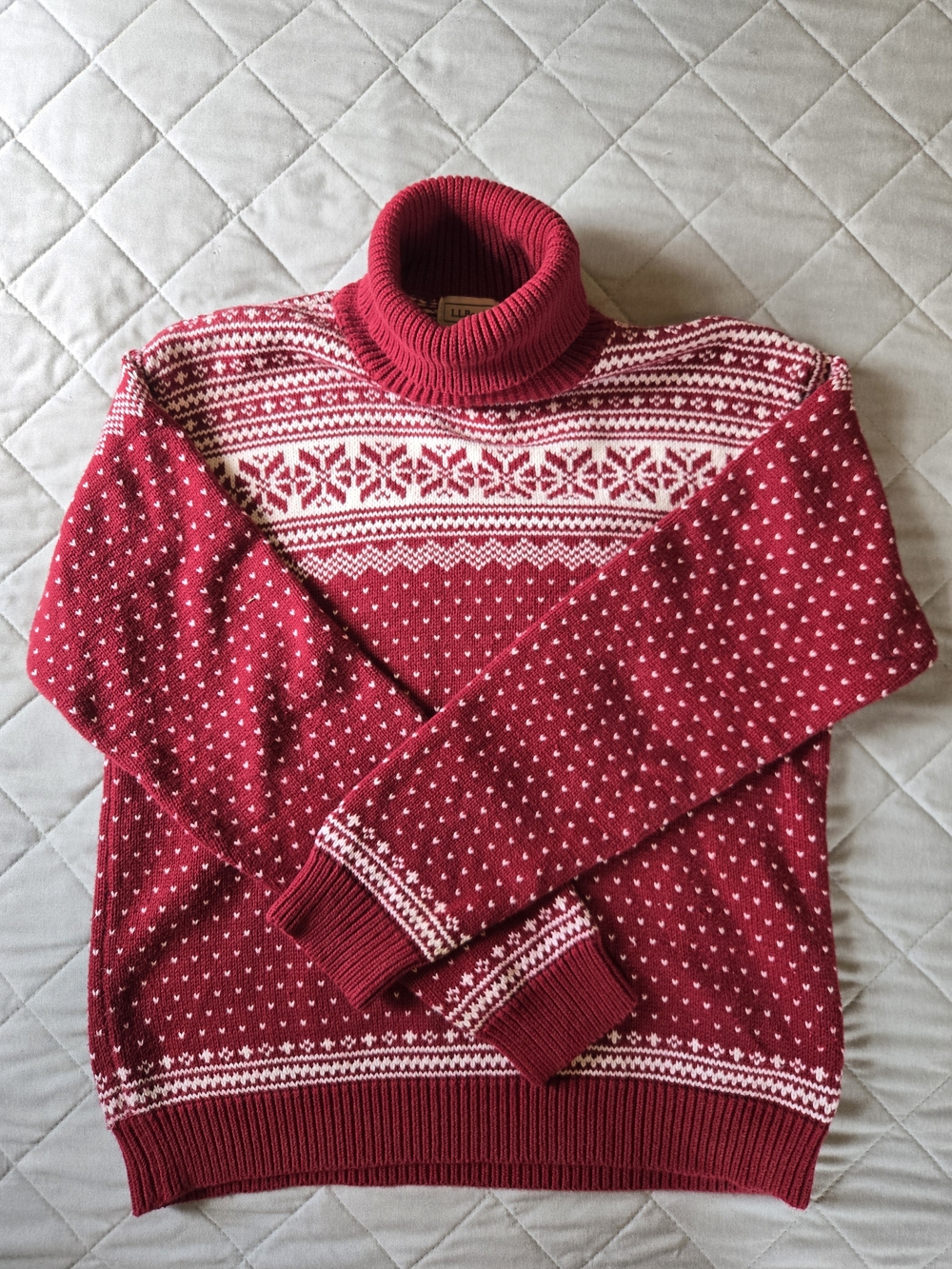 L.L. Bean Red and White Fair Isle Turtleneck Sweater - 100% Cotton